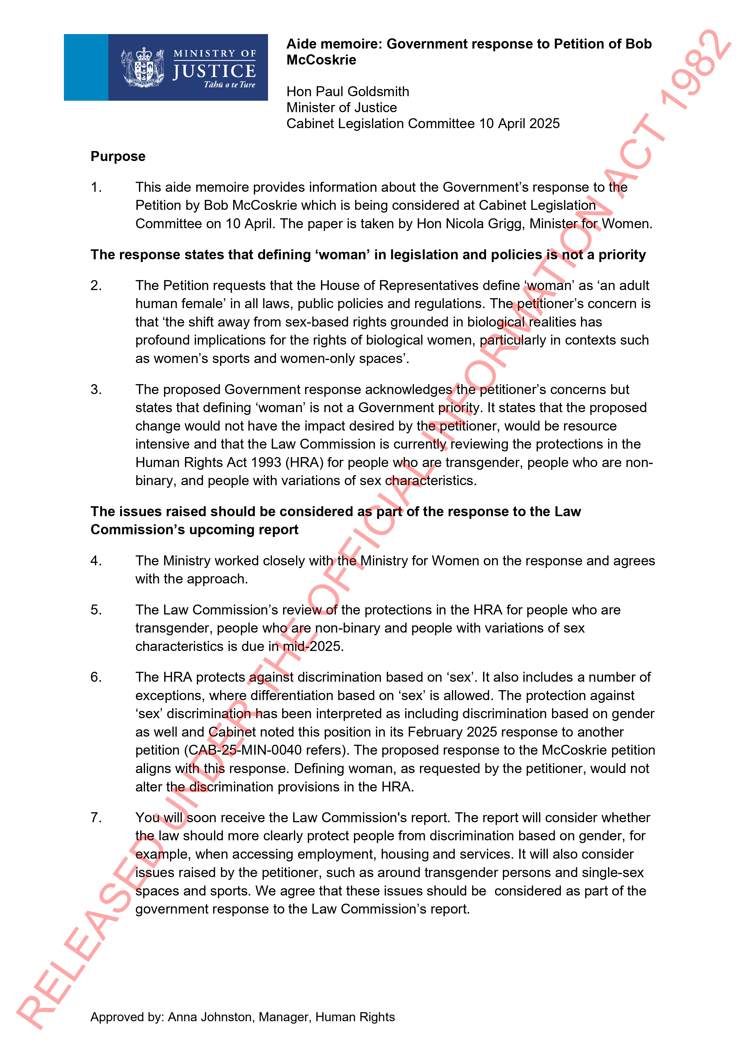 Aide Memoire: Government Response to the Petition of Bob McCoskrie on the Legal Definition of 'Woman' released the OIA
