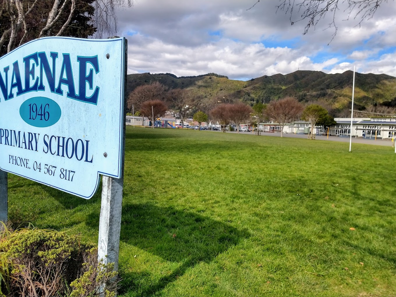 A light-blue roadside sign that reads “NAENAE 1946 PRIMARY SCHOOL – Phone 04 567 8117” stands beside a large grassy playing field. In the distance are low school buildings, leafless trees, a white flagpole, and green hills under a partly cloudy sky.